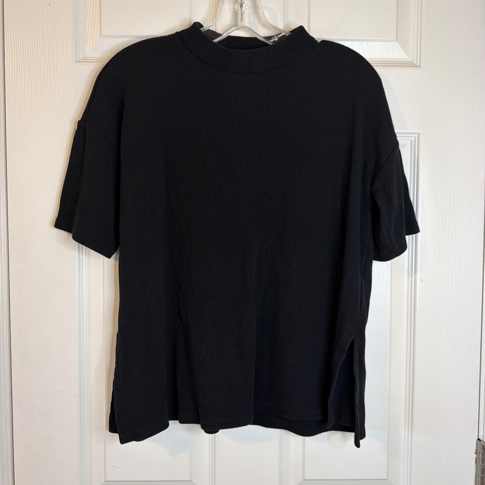 NWOT Eileen Fisher black mock neck ribbed top W/ Side Slits Size XS